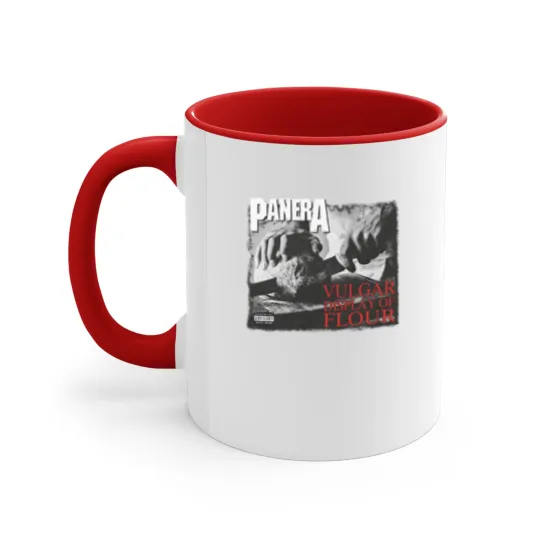 Discover PANERA Vulgar Display Of FLOUR Metal Band Parody Spoof Mayhem Skull Accent Mugs