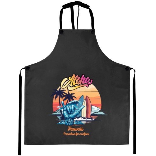 Discover Aloha, Hawaii, paradise for surfers,cool graphic with hawaiian "shaka" gesture Aprons