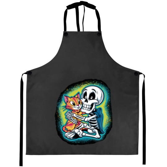 Discover HALLUAN-skeleton hugging cat hoddie design digital art Aprons