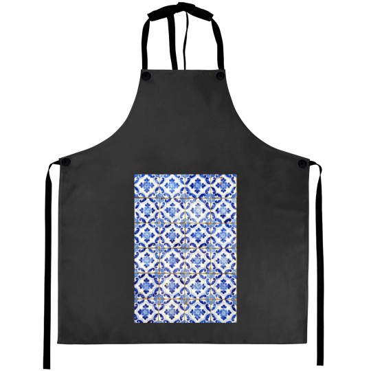 Discover Portuguese tiles. Blue flowers and leaves Long Aprons