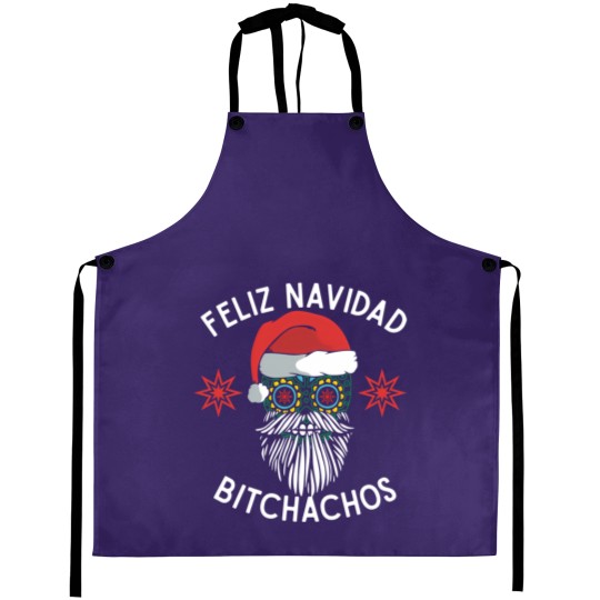 Discover Feliz Navidad Bitchachos Merry Spanish Christmas Mexican Sugar Skull In Santa'S Hat Aprons