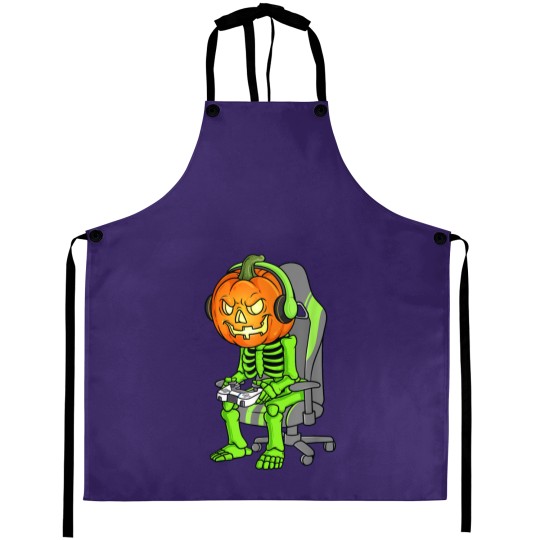 Discover Gaming Halloween Skeleton Jack O Lantern Gamer Boy Aprons
