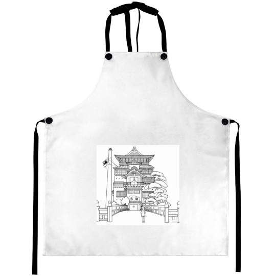 Discover Spirited Away Bathhouse with Chihiro but a simple line drawing Classic Aprons