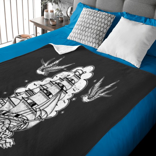 Discover Distressed Traditional Tattoo Sailing Ship and Swallows Baby Blankets