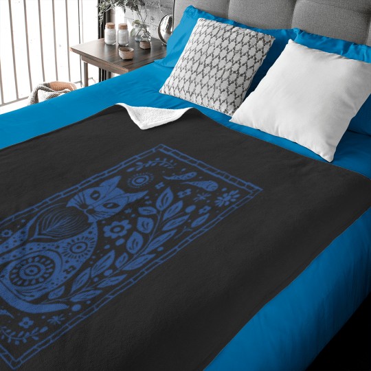 Discover folk art sassy cat and flowers in denim blue Long Baby Blankets