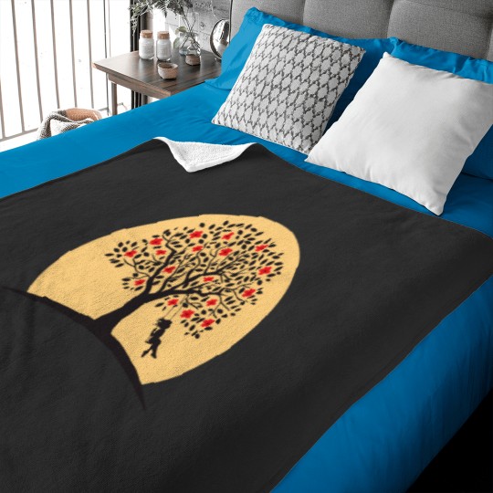 Discover Girl Swing On Tree Cute Girl Pushing a Swing under a Red flowering tree. Baby Blankets