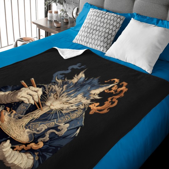 Discover Japanese Art Ramen Cat Ninja Ukiyo-E Anime Style Samurai Cat T-Shirt (13) Baby Blankets