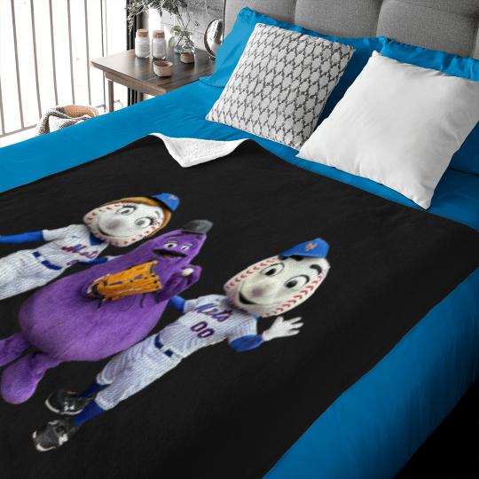 Discover Mr. Met and friends, Mrs Met and Grimace mascot Baby Blankets
