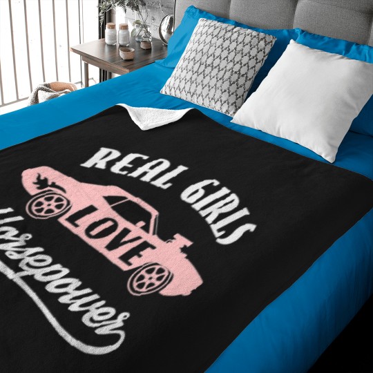 Discover Funny Horse Womens Real girls love horsepower muscle car driving auto mechanic Baby Blankets