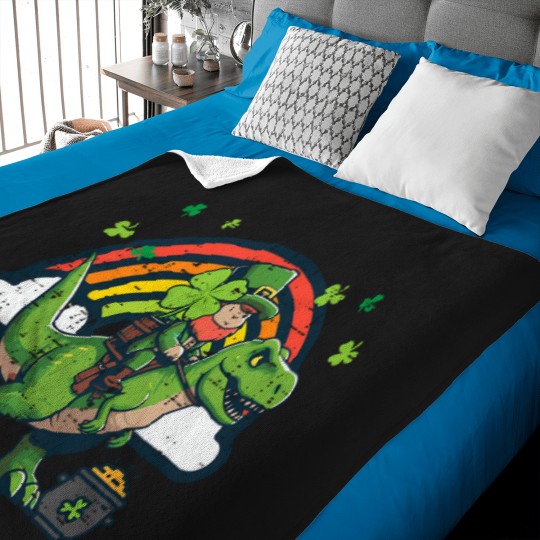 Discover Kids-St-Patricks-Day-Leprechaun-On-Dino-Saint-Pattys-Toddler-Boys-T-Shirt Baby Blankets