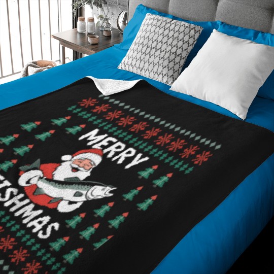 Discover Fisherman-Funny-Christmas-Pajama-Merry-Fishmas-Ugly-Fishing-Active-T-Shirt Baby Blankets