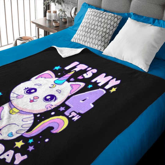 Discover Birthday-Girl-4-Years-Old-Cat-Unicorn-4Th-Birthday-T-Shirt Baby Blankets