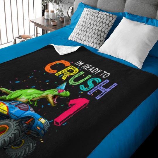 Discover Dinosaur-T-Rex-Monster-Truck-1St-Birthday-1-Yr-Old-Bday-Gift-T-Shirt Baby Blankets