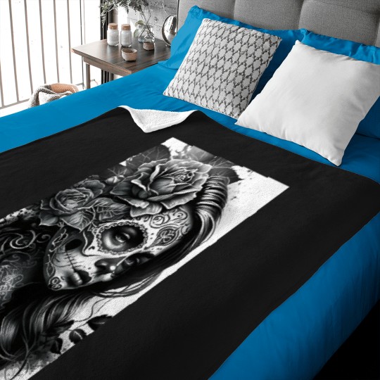Discover Black and White Day of the Dead Girl Tattoo Style Art Print Baby Blankets