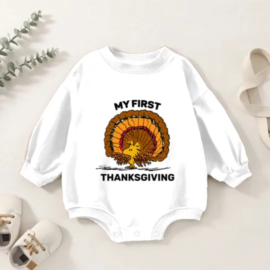 Discover Peanuts | Woodstock Turkey -My 1st Thanksgiving Baby Romper Sweatshirts