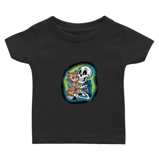 Discover HALLUAN-skeleton hugging cat hoddie design digital art Baby T-shirts