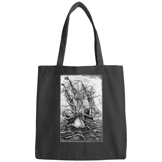 Discover Vintage Kraken attacking ship illustration with white background Bags