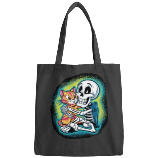 Discover HALLUAN-skeleton hugging cat hoddie design digital art Bags