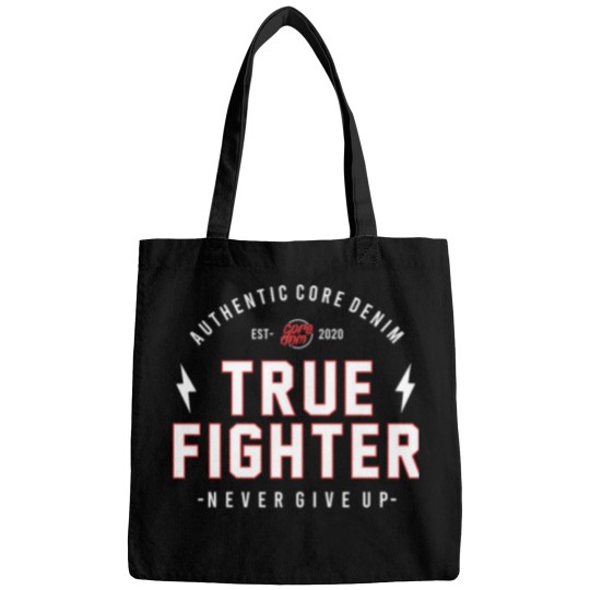 Discover True Fighter Motivational Inspirational Words Quotes Lettering Typography  T Shirt Design Trendy Bags