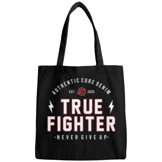 Discover True Fighter Motivational Inspirational Words Quotes Lettering Typography  T Shirt Design Trendy Bags