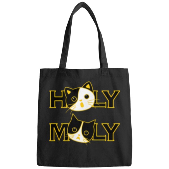 Discover Funny 'Holy Moly' Cat Design Expressive Black And Yellow Cartoon Art Bags