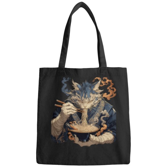 Discover Japanese Art Ramen Cat Ninja Ukiyo-E Anime Style Samurai Cat T-Shirt (13) Bags