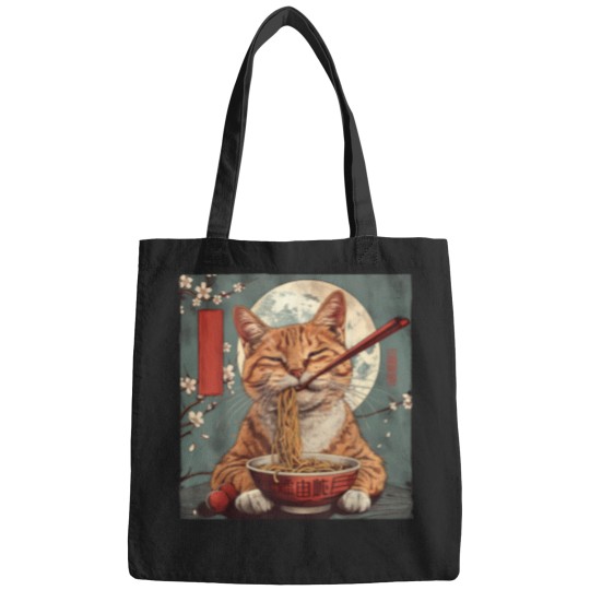 Discover Japanese Art Ramen Cat Ninja Ukiyo-E Anime Style Samurai Cat T-Shirt Bags