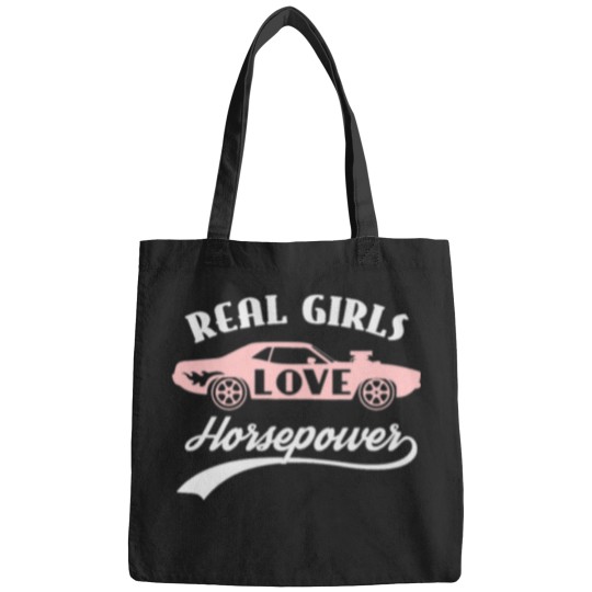 Discover Funny Horse Womens Real girls love horsepower muscle car driving auto mechanic Bags