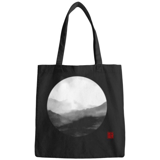 Discover Abstract Japanese Landscape With Mountains And Calligraphy T-Shirt Bags