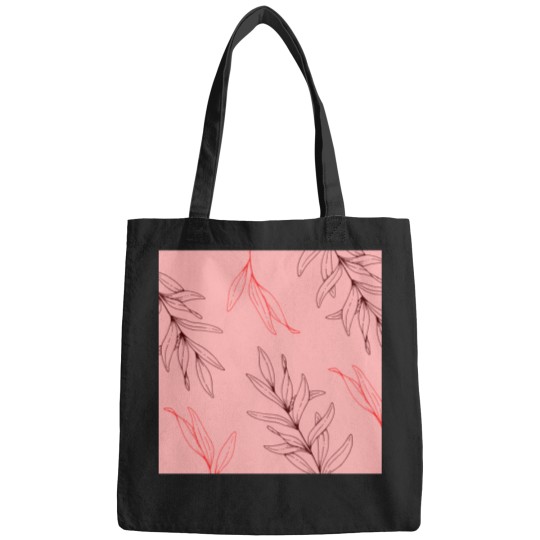 Discover Pink Red Tropical Leaves Line Drawing   T-Shirt Bags