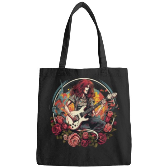 Discover woman playing guitar zombies and roses Bags