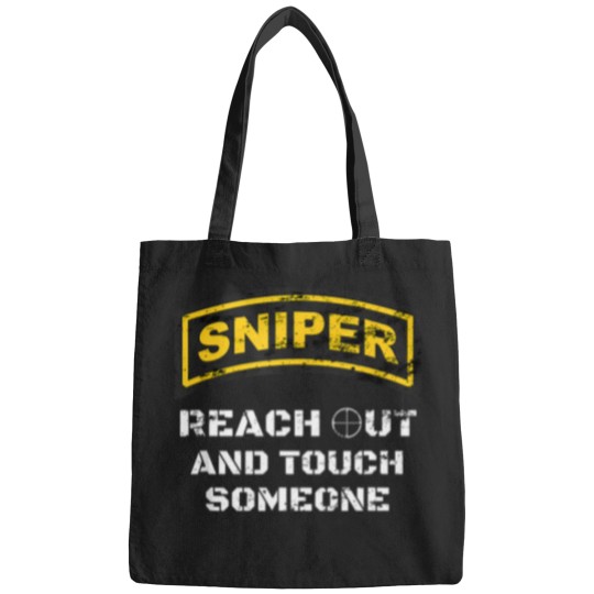 Discover Sniper-Reach-Out-Competitive-Shooting-Range-Military-Veteran-T-Shirt Bags