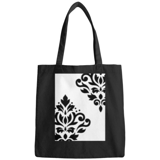 Discover Scroll-Damask-Art-I-Black-On-White T-Shirt Bags