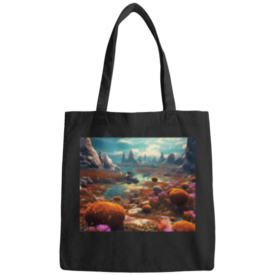 Discover Vibrant Alien Landscape Photo-Realistic Digital Art Of An Exotic World With Mossy Spores And Stone Formations Active T-Shirt 855 Bags