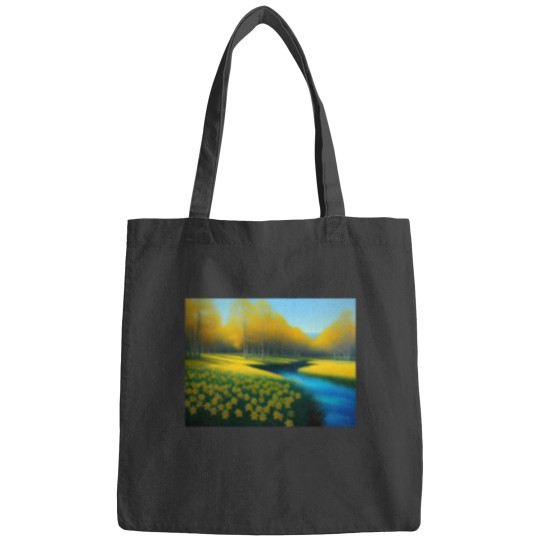 Discover Yellow springtime daffodils by the blue woods stream New Eng land floral landscape nature painting Ac Bags