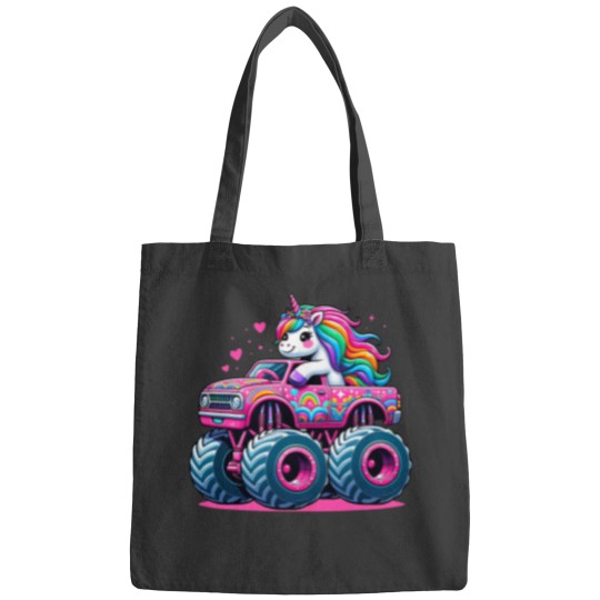 Discover Funny Cute Unicorns Riding A Pink Monster Truck Bags