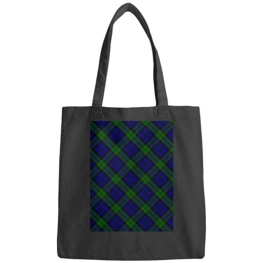 Discover Black Watch Blue, Green, and Black TartanDiagonal Plaid Graphic Bags