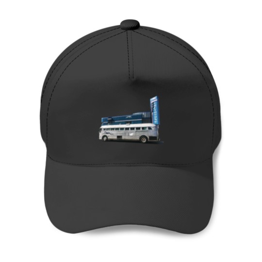 Discover Greyhound Bus in Front of Station Baseball Caps