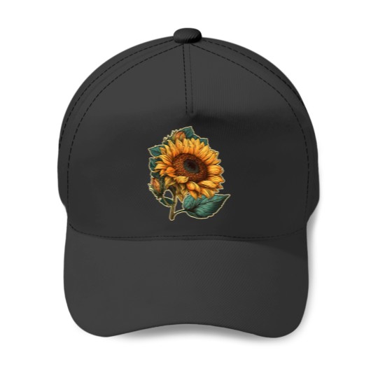 Discover Sunflower Flower Emblem Floral Plant Art Painting Style Baseball Caps