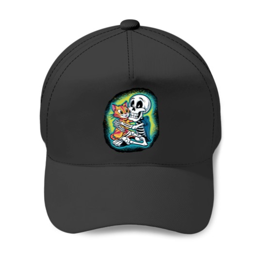 Discover HALLUAN-skeleton hugging cat hoddie design digital art Baseball Caps
