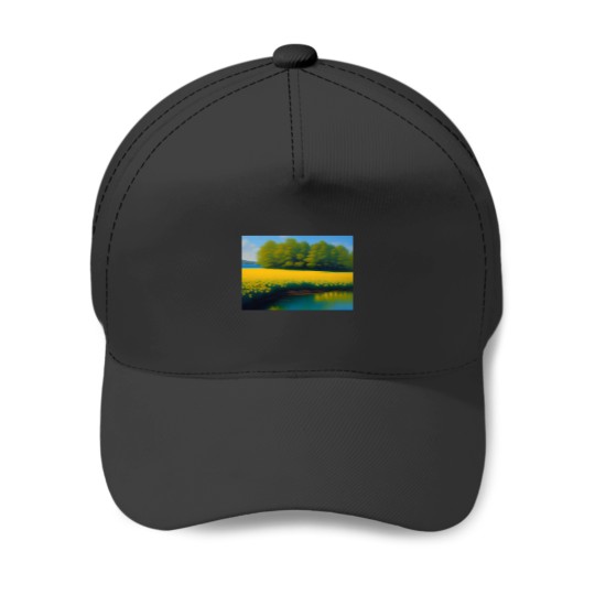 Discover Yellow springtime daffodils by the blue woods stream and coastal salt New Engl and floral landscape n Baseball Caps