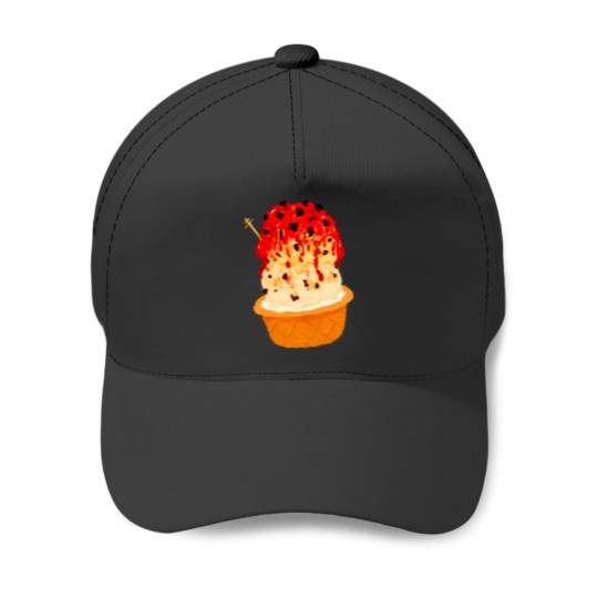 Discover 3 SCOOP ICECREAM TOPPED WITH STRAWBERRY SYRUP IN A WAFFLE CONE CUP Active Baseball Caps