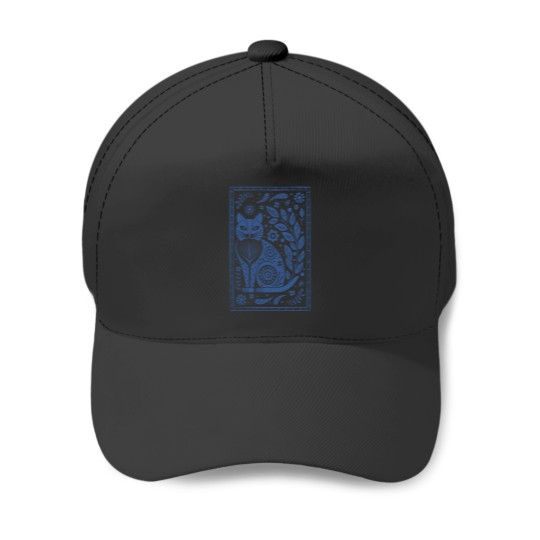 Discover folk art sassy cat and flowers in denim blue Long Baseball Caps