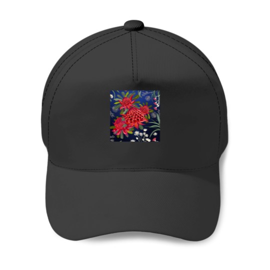 Discover Botanical Australian Native Flowers Waratah Forals Red Blue Bright Contemporary Art Baseball Caps