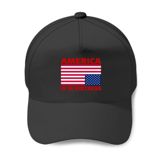 Discover America is in distress.Upside down American Flag Baseball Caps