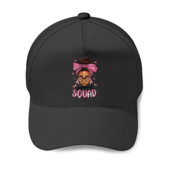 Discover Support Squad Breast Cancer Awareness Messy Bun Black Woman T-Shirt Baseball Caps
