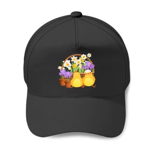 Discover Easter Chicks with Spring Flowers Baseball Caps