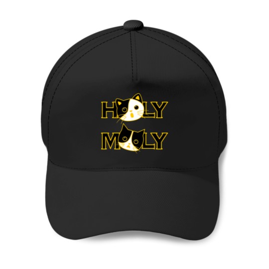 Discover Funny 'Holy Moly' Cat Design Expressive Black And Yellow Cartoon Art Baseball Caps
