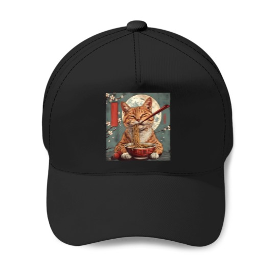 Discover Japanese Art Ramen Cat Ninja Ukiyo-E Anime Style Samurai Cat T-Shirt Baseball Caps