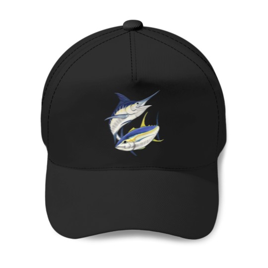 Discover Blue marlin and yellowfin tuna Baseball Caps